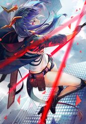  1girl absurdres arknights black_footwear blue_hair building ch&#039;en_(arknights) dragon_girl floating_hair hair_ornament highres holding holding_weapon horns jacket looking_at_viewer shorts solo sword tail tarutaru_yamaoka weapon 