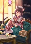  1girl animal_ears apron blush brown_hair cabinet cat cat_ears cat_girl cat_tail closed_mouth couch flower fukahire_(ruinon) hair_flower hair_ornament highres indoors japanese_clothes kimono looking_at_viewer maid_apron maid_headdress medium_hair original pillow red_eyes smile solo table tail window 