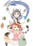  animal_ears black_gloves black_neckwear black_skirt blonde_hair blue_sweater bow bowtie carrying common_raccoon_(kemono_friends) elbow_gloves eyebrows_visible_through_hair fennec_(kemono_friends) food food_in_mouth fox_ears fox_girl fox_tail fur_collar fur_trim gloves grey_hair kemono_friends kite konabetate multicolored_hair pantyhose piggyback pink_sweater pleated_skirt puffy_short_sleeves puffy_sleeves raccoon_ears raccoon_girl raccoon_tail short_hair short_sleeves skirt sweater tail white_fur white_gloves white_hair white_legwear white_skirt yellow_eyes yellow_gloves yellow_neckwear 