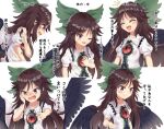  1girl :d ^_^ bangs bird_wings black_wings blouse blush bow brown_hair cape chitose_hachi closed_eyes closed_mouth collared_blouse commentary_request expressions eyebrows_visible_through_hair feathered_wings green_bow hair_bow hand_on_own_cheek hand_on_own_face hand_on_own_shoulder highres long_hair looking_at_viewer one_eye_closed open_mouth pointing pointing_at_viewer puffy_short_sleeves puffy_sleeves red_eyes reiuji_utsuho short_sleeves simple_background smile sweatdrop tears third_eye torn_clothes touhou translation_request upper_body v-shaped_eyebrows white_background white_blouse white_cape wings 