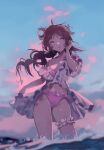  1girl ahoge animal_ears arknights ass_visible_through_thighs bangs bare_shoulders bikini blue_sky blurry bokeh breasts brown_hair clouds cloudy_sky commentary cowboy_shot depth_of_field dress eyjafjalla_(arknights) eyjafjalla_(summer_flowers)_(arknights) floating_hair flower frilled_bikini frilled_dress frills hair_flower hair_ornament hair_rings hand_in_hair hibiscus highres horns igawa_(460180189) long_hair medium_breasts midriff navel ocean off-shoulder_dress off_shoulder official_alternate_costume open_mouth outdoors parted_bangs pink_bikini pink_eyes plaid plaid_bikini sheep_ears sheep_horns sky smile solo swimsuit thigh_strap thighs wading wavy_hair wet white_dress wind 