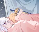  1boy 1girl 500_dollar_four_foot_tall_mareep artoria_pendragon_(all) bed blanket blonde_hair excalibur_(fate/stay_night) fate/grand_order fate_(series) hug kamiowl looking_up lying medium_hair meme merlin_(fate) object_hug on_back on_side pillow saber short_hair sword under_covers weapon 