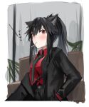  1girl animal_ear_fluff animal_ears arknights belt black_hair black_jacket black_neckwear border breasts character_name cigarette collared_shirt commentary_request dress_shirt highres jacket long_hair medium_breasts necktie open_collar plant ponytail raw_egg_lent red_eyes red_shirt shirt sidelocks solo suit_jacket texas_(arknights) texas_(willpower)_(arknights) upper_body wolf_ears 