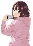  1girl :o brown_hair cellphone cherry_blossom_print floral_print holding hood hoodie looking_at_viewer looking_back mattaku_mousuke original phone smartphone solo watermark white_background 