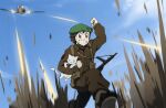  aircraft beret brown_hair carrying_under_arm cat dirt firing gun hat military military_uniform mrxinom original running sky soldier sten_gun submachine_gun turtleneck uniform weapon 