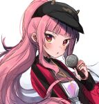  1girl 2000s_(style) :o alternate_breast_size alternate_eye_color bangs baseball_cap black_headwear blush breasts brown_eyes hair_behind_ear hat holding holding_microphone hololive hololive_english jacket maru_ccy microphone mori_calliope official_alternate_costume open_mouth pink_hair ponytail red_jacket sketch small_breasts solo tied_hair upper_body virtual_youtuber white_background 