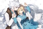  1boy 1girl ahoge artoria_pendragon_(all) blonde_hair blue_dress brown_scarf commentary_request dress fate/grand_order fate/stay_night fate_(series) green_eyes grey_hair hands_up holding_hands kamiowl merlin_(fate) one_eye_closed saber scarf shawl shirt smile teeth violet_eyes white_background white_hair white_shawl white_shirt 