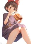  1girl animal_on_lap blush brown_eyes brown_hair cat cat_on_lap dress eating feet_out_of_frame food food_on_face hair_ribbon hairband highres holding holding_food invisible_chair jiji_(majo_no_takkyuubin) kiki looking_at_viewer majo_no_takkyuubin purple_dress red_ribbon ribbon ryota_(ry_o_ta) sandwich short_hair signature sitting solo white_background 
