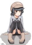  1girl alternate_costume arare_(kancolle) black_hair black_legwear black_shorts boots brown_eyes brown_footwear brown_headwear cabbie_hat commentary_request drawstring grey_sweater hat highres hood hooded_sweater hoodie kantai_collection looking_at_viewer short_hair shorts simple_background sitting solo sweater t2r thigh-highs white_background 