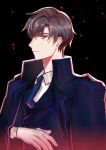  1boy absurdres artem_wing_(tears_of_themis) bangs black_background black_coat blue_eyes blue_necktie brown_hair closed_mouth coat formal gloves highres long_sleeves looking_at_viewer necktie polo_shirt shirt short_hair simple_background solo tears_of_themis user_fwmv7447 white_gloves white_shirt 