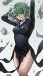  1girl :o absurdres arms_up bangs black_dress breasts collarbone covered_navel dress feet_out_of_frame green_eyes green_hair grey_background harui_(huruyi_817) highres looking_at_viewer medium_breasts medium_hair one-punch_man open_mouth rubble simple_background solo swept_bangs tatsumaki 
