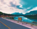  blue_sky bridge building bush cerulean_city cloud cloudy_sky commentary ekans english_commentary english_text gen_1_pokemon grass highres house mankey mountain nature no_humans outdoors plant pokemon pokemon_(creature) road sign signpost simone_mandl sky water 