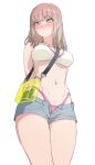  arms_behind_back bag bikini blush brown_hair cellphone green_eyes handbag highleg highleg_bikini highres long_hair midriff minami_yume phone pink_swimsuit short_shorts shorts smartphone ssss.dynazenon swimsuit xiangzi_box 