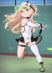  1girl ? ?? absurdres asymmetrical_legwear azur_lane bache_(azur_lane) bache_(showy_sports_star)_(azur_lane) ball bangs black_panties blurry choker commentary covered_navel depth_of_field detached_sleeves dove_pixie eyebrows_visible_through_hair highres holding holding_racket light_brown_hair long_hair looking_away looking_up mismatched_legwear panties pantyshot pleated_skirt ponytail racket shoes sidelocks skirt sneakers solo sportswear standing standing_on_one_leg steam sweat tennis tennis_ball tennis_court tennis_racket tennis_uniform thick_eyebrows underwear violet_eyes visible_air visor_cap 