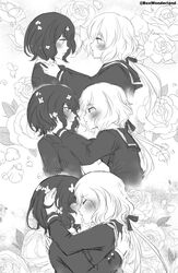  2girls absurdres angel_gabriel. blazer blush closed_eyes commentary couple eye_contact floral_background flower from_side hair_flower hair_ornament hair_ribbon hand_in_another&#039;s_hair hand_on_another&#039;s_back hand_on_another&#039;s_head highres jacket kiss konno_junko looking_at_another low_twintails mizuno_ai monochrome multiple_girls parted_lips petals profile ribbon rose rose_petals school_uniform serafuku short_hair sketch tears twintails twitter_username wavy_hair yuri zombie_land_saga 