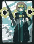  1girl absurdres aqua_eyes black_coat black_gloves blue_sky blush brown_hair clouds cloudy_sky coat cowboy_shot flower gloves goggles goggles_around_neck goggles_on_head gun haru57928031 highres holding holding_gun holding_weapon parted_lips shadow short_hair sky solo weapon zutto_mayonaka_de_ii_no_ni 