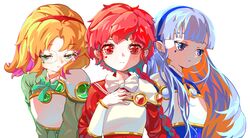  3girls armor bangs blue_eyes blue_hair bow braid braided_ponytail breastplate brown_hair club_(shape) diamond_(shape) fantasy glasses green_bow green_eyes hair_behind_ear half-closed_eyes hand_on_own_chest heart highres hououji_fuu long_hair looking_at_viewer looking_down magic_knight_rayearth medium_hair multiple_girls red_eyes redhead round_eyewear ryuuzaki_umi shidou_hikaru ssssola upper_body white_background white_bow 