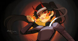  1girl :o armor black_hair breath_weapon breathing_fire commentary_request demon_girl demon_horns dream_smp fang fire genderswap genderswap_(mtf) headband highres horns long_hair looking_at_viewer minecraft_youtube minoru_(minoru_a) open_mouth ponytail red_eyes sapnap skin_fang solo tan upper_body very_long_hair white_headband 