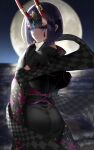  1girl ass back bangs black_kimono bob_cut breasts eyeliner fate/grand_order fate_(series) faton floral_print full_moon headpiece highres horn_ornament horn_ring horns japanese_clothes kimono long_sleeves looking_at_viewer looking_back lostroom_outfit_(fate) makeup moon night night_sky obi oni oni_horns purple_hair sash short_hair shuten_douji_(fate) skin-covered_horns sky small_breasts smile violet_eyes wide_sleeves 
