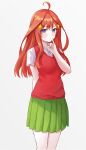  1girl absurdres ahoge blue_eyes eyebrows_visible_through_hair go-toubun_no_hanayome gradient gradient_background green_skirt grey_background hair_ornament highres kano_(wi3028) long_hair looking_at_viewer nakano_itsuki pleated_skirt red_sweater redhead school_uniform short_sleeves skirt solo star_(symbol) star_hair_ornament sweater sweater_vest thighs 