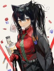  1girl animal_ears arknights belt black_belt black_hair black_jacket black_pants cigarette collared_shirt cowboy_shot diagonal-striped_clothes diagonal-striped_necktie gloves green_necktie highres jacket long_hair long_sleeves medium_hair necktie open_clothes open_jacket orange_eyes pants ponytail red_gloves red_shirt shirt solo striped_clothes striped_pants texas_(arknights) upper_body vertical-striped_clothes vertical-striped_pants vihua6 wolf_ears wolf_girl 