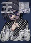  1boy bandaid bandaid_on_hand bangs black_hair blue_background buttons checkered checkered_background checkered_kimono checkered_neckwear checkered_scarf cropped_torso dangan_ronpa_(series) dangan_ronpa_v3:_killing_harmony double-breasted gradient gradient_background grey_jacket hand_up highres index_finger_raised jacket japanese_clothes kara_aren kimono long_sleeves looking_at_viewer male_focus messy_hair open_mouth ouma_kokichi purple_hair scarf short_hair solo translation_request upper_body violet_eyes 