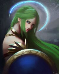  1girl absurdres alternate_eye_color chain gold_chain green_hair highres ili104 kid_icarus kid_icarus_uprising looking_at_viewer palutena realistic shield signature solo upper_body 