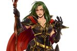  1girl armor armpit_peek artist_name black_armor black_shirt body_markings breasts cape collarbone collared_shirt commission earrings eyebrows_visible_through_hair fang fire_emblem fire_emblem:_path_of_radiance gloves green_hair hands_up holding holding_staff jewelry lipstick long_hair looking_at_viewer makeup medium_breasts naomi_skye pauldrons petrine_(fire_emblem) red_cape shirt shoulder_armor simple_background solo staff thick_eyebrows thick_eyelashes violet_eyes white_background 