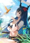  1girl arknights bangs bare_shoulders bikini bird black_bikini blue_hair blue_sky breasts ch&#039;en_(arknights) ch&#039;en_the_holungday_(arknights) clouds cocktail_umbrella commentary_request cup day dragon_horns drinking_glass drinking_straw flower front-tie_bikini front-tie_top hair_between_eyes hair_flower hair_ornament hand_up highres horns lancefate large_breasts long_hair macaw micro_shorts parrot red_eyes red_flower shorts sitting sky smile solo stomach swimsuit very_long_hair 
