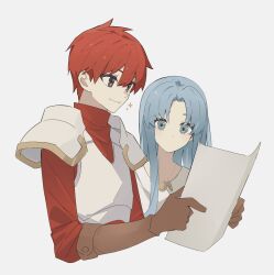  1boy 1girl adol_christin ancient_ys_vanished armor blue_eyes blue_hair brown_gloves closed_mouth commentary_request cropped_torso curtained_hair feena_(ys) george_man gloves grey_eyes highres holding holding_paper paper pauldrons redhead short_hair shoulder_armor simple_background smile sparkle white_background ys 