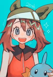  1girl :d absurdres asatte_3z bandana blue_background brown_hair commentary_request eyelashes green_bandana grey_eyes hair_between_eyes highres looking_at_viewer may_(pokemon) mudkip open_mouth orange_shirt pokemon pokemon_(creature) pokemon_emerald pokemon_rse shirt sleeveless sleeveless_shirt smile teeth upper_body upper_teeth_only 