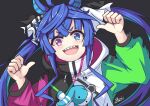  1girl :d @_@ absurdres ahoge animal_ears arm_up black_background blue_eyes blue_hair commentary_request drawstring hand_up heterochromia highres hood hood_down hoodie horse_ears long_hair long_sleeves looking_at_viewer open_mouth pointing pointing_at_self puffy_long_sleeves puffy_sleeves sato_art sharp_teeth signature simple_background smile solo stuffed_animal stuffed_bunny stuffed_toy teeth twin_turbo_(umamusume) twintails umamusume upper_body very_long_hair violet_eyes white_hoodie 