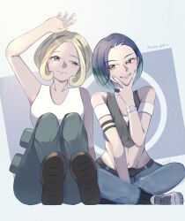  2girls absurdres aqua_pants arm_up bare_arms bare_shoulders belt between_legs black_belt black_choker blonde_hair blue_hair blue_pants brown_footwear choker closed_mouth dark_blue_hair eyelashes fingernails green_eyes green_hair grey_sports_bra grin hand_between_legs hand_up highres indian_style looking_at_another multicolored_hair multiple_girls navel orange_eyes pants perrin_(pokemon) pokemon pokemon_sv pokemon_xy shoes short_hair sitting smile sports_bra star_dr0p tank_top teeth twitter_username uneven_eyes v viola_(pokemon) white_footwear white_tank_top 
