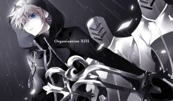  1boy akts_0714 bad_id bad_pixiv_id black_coat black_coat_(kingdom_hearts) black_gloves blonde_hair blue_eyes coat dutch_angle gloves hair_over_one_eye holding holding_weapon hood hood_up keyblade kingdom_hearts kingdom_hearts_ii long_coat long_sleeves male_focus muted_color night nobody_(kingdom_hearts) organization_xiii outdoors rain roxas serious short_hair upper_body weapon zipper 