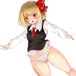  1girl ascot black_vest blonde_hair fang fujiko_(emnprmn) hair_ribbon highres navel no_pants outstretched_arms panties red_eyes red_ribbon ribbon rumia shiny shiny_skin short_hair solo spread_arms touhou underwear vest white_panties 