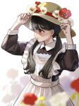  1girl absurdres adjusting_clothes adjusting_headwear apron arms_up black_hair black_shirt closed_mouth collared_shirt dress flower hands_up hat highres kashiwagi_chisame long_hair long_sleeves maid maid_apron mole mole_under_eye original poppy_(flower) red_flower shirt simple_background solo sun_hat twintails violet_eyes white_apron white_background white_dress white_flower 
