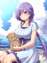  1girl beach blue_dress blush bow breasts closed_mouth clouds collarbone commentary_request cowboy_shot cumulonimbus_cloud day dress dress_bow eyes_visible_through_hair gomasho_asuka hair_between_eyes hair_bow happy highres holding holding_stuffed_toy large_breasts long_hair looking_at_object looking_down low_ponytail mizuori_shizuku ocean outdoors pink_eyes purple_bow purple_hair short_sleeves sidelocks sitting smile solo sparkle stuffed_animal stuffed_toy summer_pockets sunlight teddy_bear tsurime very_long_hair white_bow 