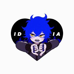  1boy black_jacket blue_hair commentary double_thumbs_down heart heart_background highres idia_shroud jacket long_hair male_focus sharp_teeth solo symbol-only_commentary tbr0009 teeth thumbs_down twisted_wonderland upper_body yellow_eyes 