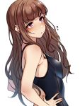  1girl armpits black_swimsuit brown_hair closed_mouth competition_swimsuit eyebrows_visible_through_hair frown hands_on_hips highres idolmaster idolmaster_cinderella_girls kakaobataa kamiya_nao long_hair looking_at_viewer one-piece_swimsuit pink_eyes simple_background solo swimsuit upper_body white_background 