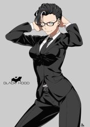  1girl alternate_hairstyle artist_logo asymmetrical_bangs belt black_belt black_hair black_jacket black_necktie black_pants black_suit blue_eyes breasts closed_mouth collared_shirt commentary dress_shirt ear_piercing feet_out_of_frame formal glasses grey_background hair_slicked_back hands_on_own_head highres iwado_anna jacket kamezaemon long_sleeves looking_at_viewer medium_breasts multicolored_hair necktie one_eye_closed original pants piercing shirt short_hair simple_background smile solo standing streaked_hair suit two-tone_hair white_hair white_shirt wing_collar 