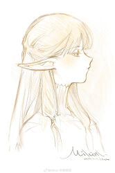  1girl absurdres blush dungeon_meshi elf from_side gorget half-closed_eyes highres long_hair looking_to_the_side low-tied_sidelocks milsiril_(dungeon_meshi) minodreamland monochrome pointy_ears profile sepia simple_background sketch solo upper_body weibo_watermark white_background 