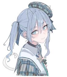  1girl animal_ears beret black_choker blue_eyes blue_hair blush cat_ears cat_tail choker closed_mouth commentary cropped drawn_ears drawn_tail fang from_side hair_between_eyes hair_ribbon hat hololive hoshimachi_suisei hoshimachi_suisei_(1st_costume) karyln looking_back looking_to_the_side medium_hair plaid_clothes plaid_hat portrait ribbon side_ponytail simple_background single_sidelock skin_fang smile solo star_(symbol) star_in_eye striped_ribbon symbol_in_eye tail turning_head virtual_youtuber white_background 