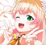  1girl absurdres bangs blonde_hair blush bow commentary crossed_bangs double_bun double_v face fang flower gradient_hair green_eyes hair_flower hair_ornament highres hololive kounaien_(comic1217) long_hair looking_at_viewer momosuzu_nene multicolored_bow multicolored_hair one_eye_closed open_mouth pink_hair simple_background smile solo two-tone_hair two_side_up v virtual_youtuber white_background 