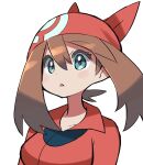  1girl bangs blue_eyes blush breasts brown_hair collarbone collared_shirt commentary_request eyebrows_visible_through_hair eyelashes hair_between_eyes highres hyou_(hyouga617) may_(pokemon) parted_lips pokemon pokemon_(game) pokemon_rse red_bandana red_shirt shirt simple_background solo upper_body white_background 