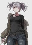 1girl belt black_nails breasts cigarette coat denim earrings eye_piercing gradient gradient_background grey_hair highres jacket jeans jewelry looking_at_viewer necklace off_shoulder original pants parted_lips red_eyes sleeves_past_wrists solo tabao tattoo torn_clothes twintails