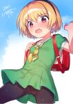  1girl backpack bag blonde_hair blush breasts cowboy_shot dress fang fang_out green_dress hairband higurashi_no_naku_koro_ni houjou_satoko ichihaya pantyhose randoseru red_eyes sailor_collar school_uniform small_breasts solo yellow_neckwear 