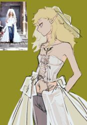  1girl black_pants blonde_hair bodice breasts cowboy_shot dungeon_meshi elf fivewoodrain fleki green_background hand_in_pocket highres long_hair looking_to_the_side navel notched_ear pants photo_inset pointy_ears profile see-through see-through_veil shirt simple_background sketch skirt small_breasts solo veil violet_eyes wavy_hair white_shirt white_skirt 