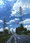  anyotete blue_sky bush clouds day fence highres lamppost no_humans original outdoors power_lines railing railroad_crossing road road_sign scenery sidewalk sign sky stop_sign train_station transformer transmission_tower tree utility_pole 