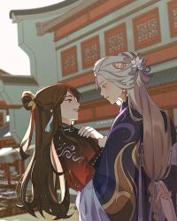  2girls architecture beidou_(genshin_impact) blonde_hair brown_hair chinese_clothes colored_eyelashes earrings east_asian_architecture eye_contact genshin_impact hanfu highres jewelry long_hair looking_at_another multiple_girls ningguang_(genshin_impact) onlyou718 outdoors red_eyes upper_body very_long_hair wide_sleeves xiao_guan_(headdress) yuri 