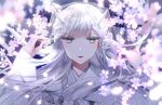  1girl araragi_soushi bangs blurry blurry_background braid cherry_blossoms hand_up highres horns japanese_clothes kimono long_hair looking_at_viewer original upper_body veil white_hair white_kimono 